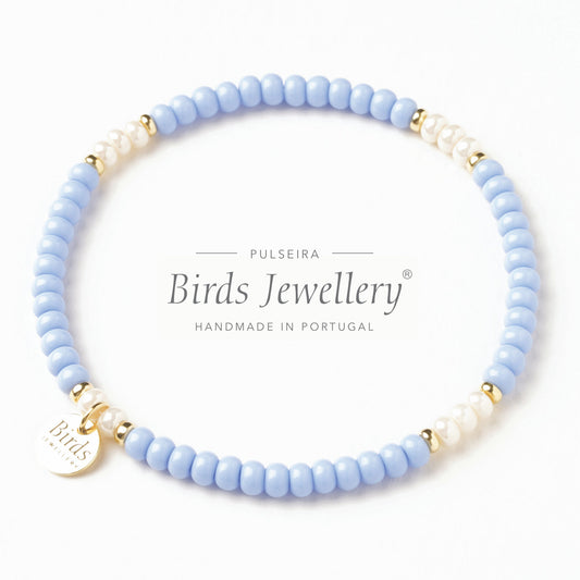 Pulseira Azul Pastel & Marfim Perolado Birds Jewellery em contas de cristal boémio e prata 925, feita à mão em Portugal.