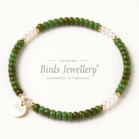 Pulseira Verde Alpino & Branco Perolado | Cristal Boémio e Prata 925
