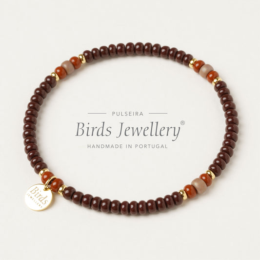 Pulseira Castanho Escuro & Bege Vidrado Birds Jewellery em contas de cristal boémio e prata 925 dourada, feita à mão em Portugal.