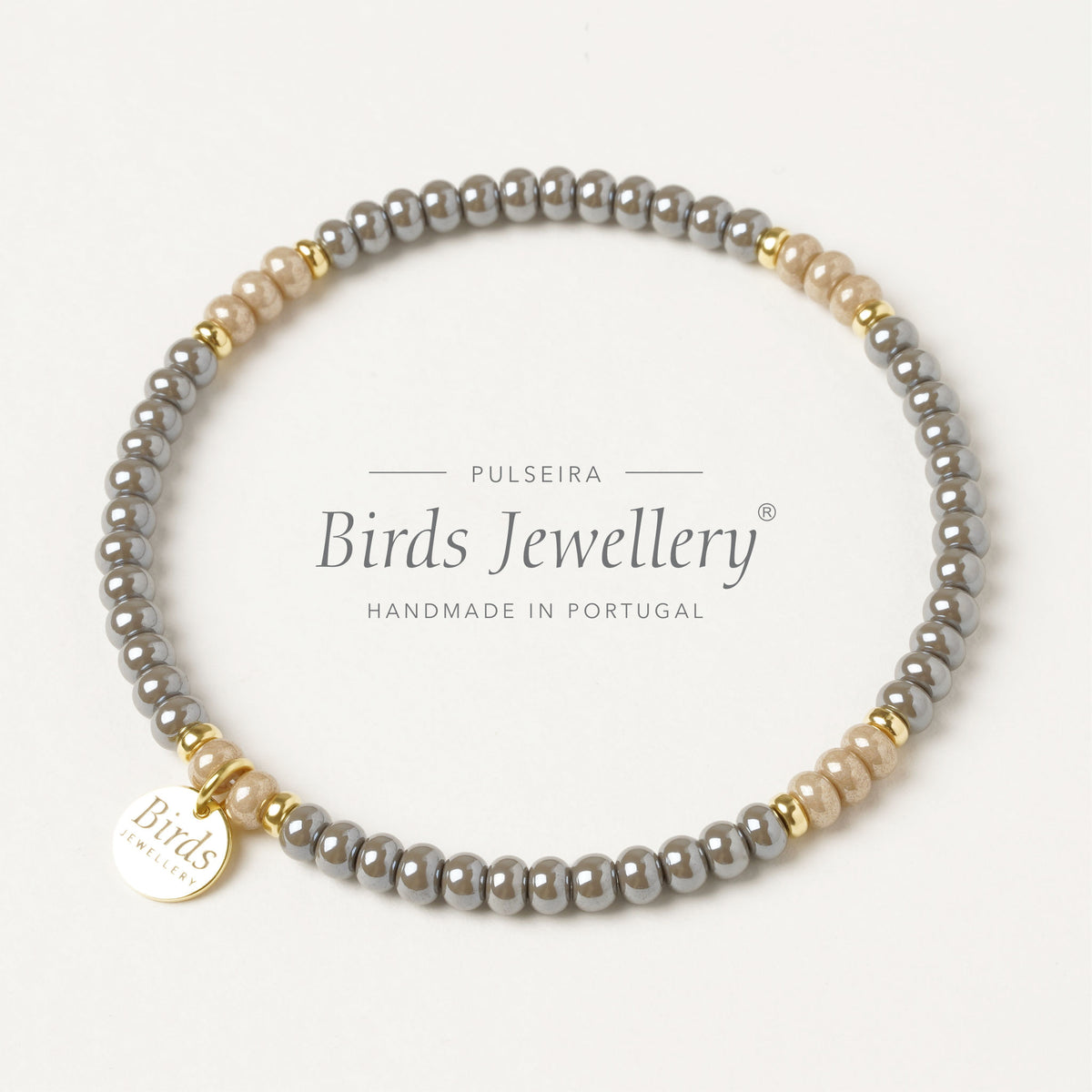 Pulseira Cinzento & Bege Birds Jewellery em contas de cristal boémio e prata 925 dourada, feita à mão em Portugal.