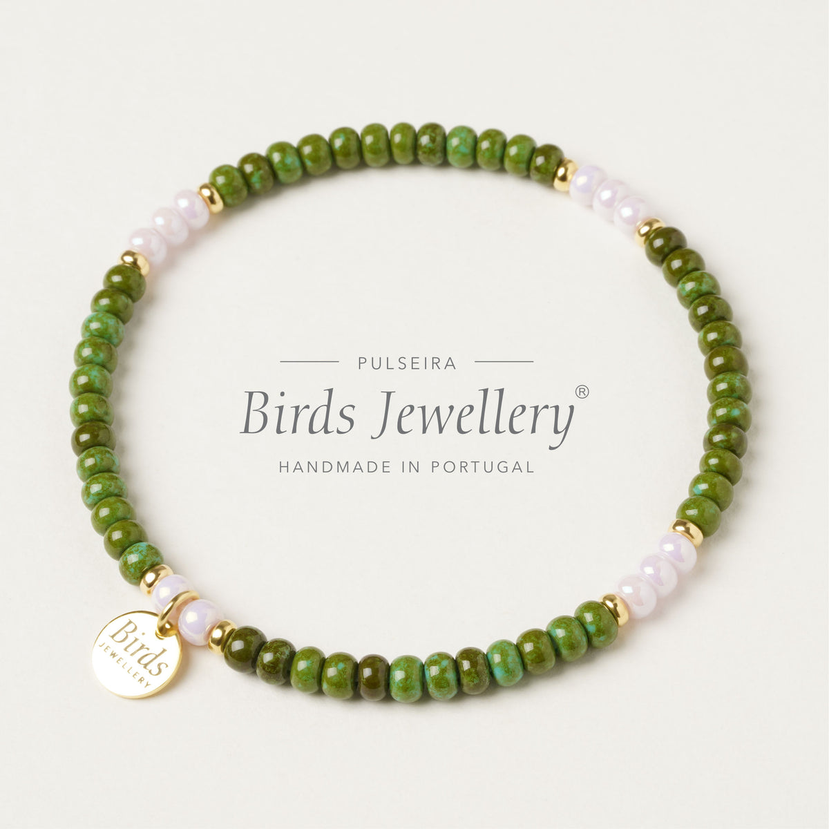 Pulseira Verde Alpino & Rosa Birds Jewellery em contas de cristal boémio e prata 925 dourada, feita à mão em Portugal.
