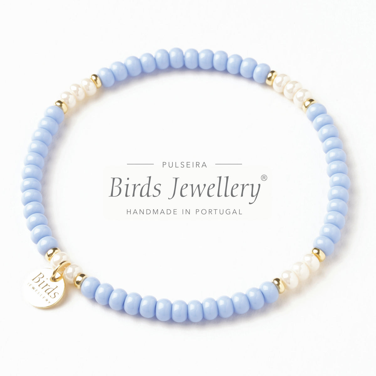 Pulseira Azul Pastel & Marfim Perolado Birds Jewellery em contas de cristal boémio e prata 925, feita à mão em Portugal.