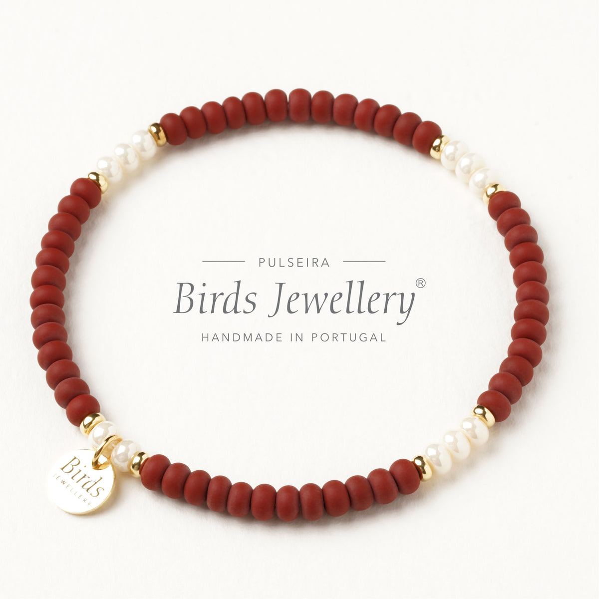 Pulseira Borgonha & Marfim Perolado Birds Jewellery em contas de cristal boémio e prata 925, feita à mão em Portugal.
