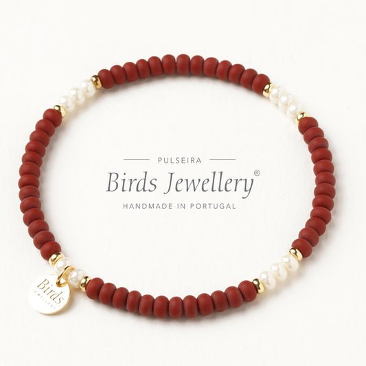 Pulseira Borgonha & Marfim Perolado Birds Jewellery em contas de cristal boémio e prata 925, feita à mão em Portugal.
