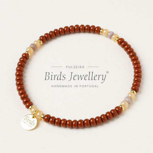 Pulseira Castanho, Creme & Areia Birds Jewellery em contas de cristal boémio e prata 925 dourada, feita à mão em Portugal.