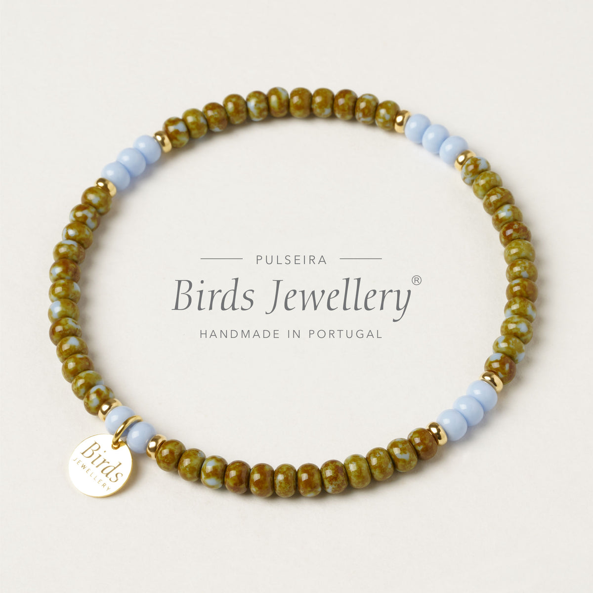 Pulseira Verde Azeitona & Azul Bebé Birds Jewellery em contas de cristal boémio e prata 925 dourada, feita à mão em Portugal.
