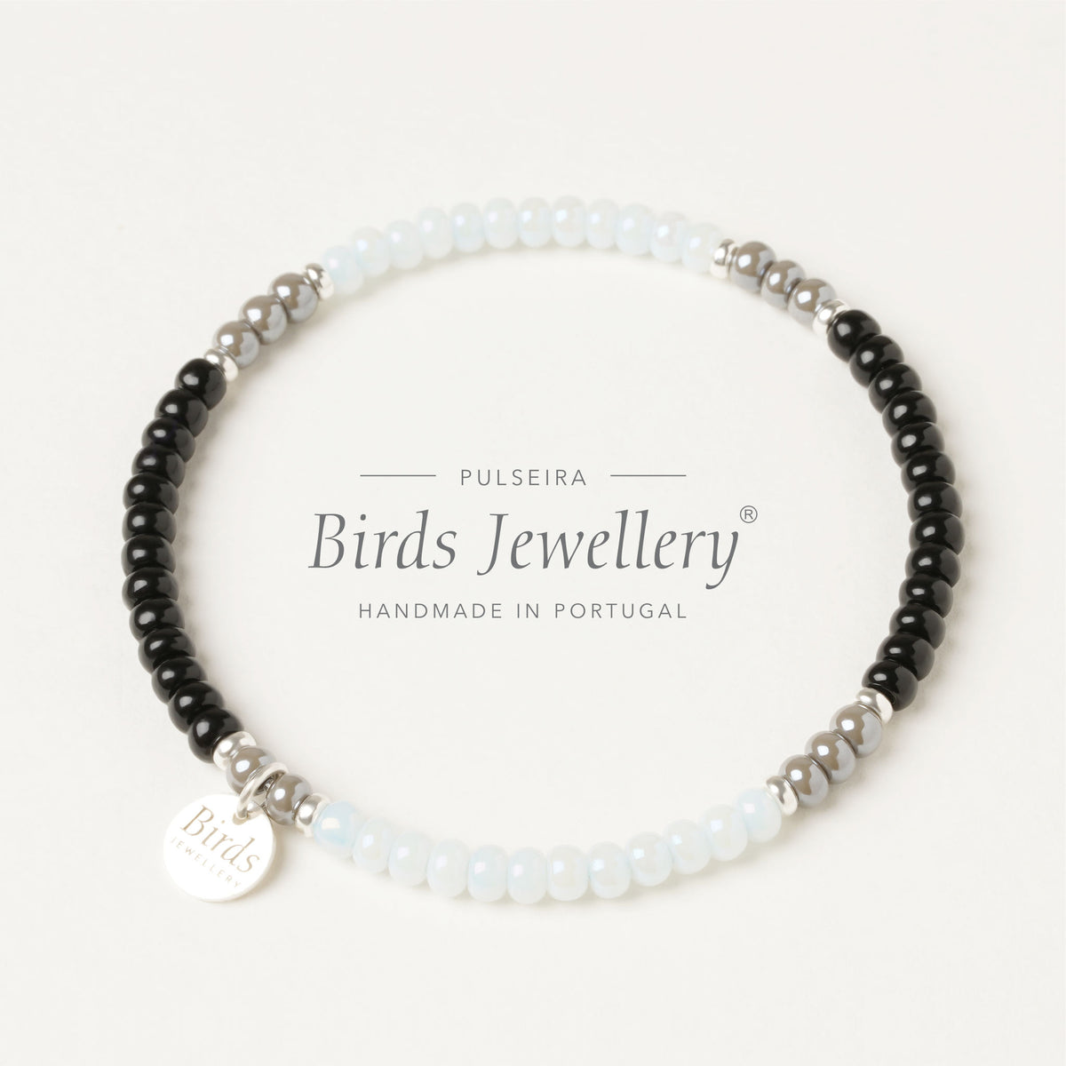 Pulseira Preto, Água-Marinha & Cinzento Birds Jewellery em contas de cristal boémio e prata 925, feita à mão em Portugal.