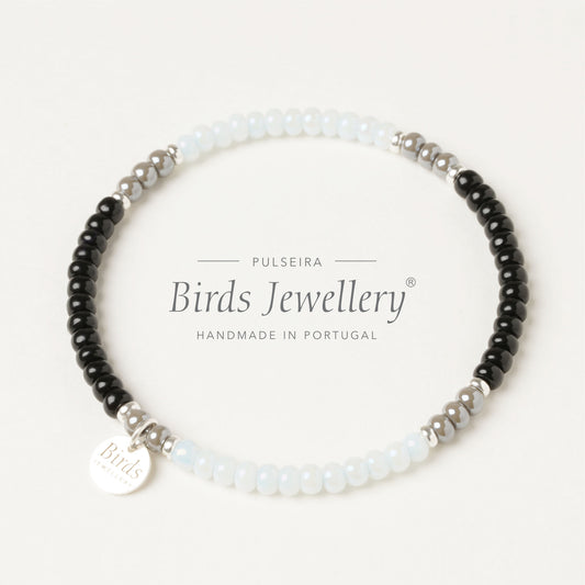Pulseira Preto, Água-Marinha & Cinzento Birds Jewellery em contas de cristal boémio e prata 925, feita à mão em Portugal.